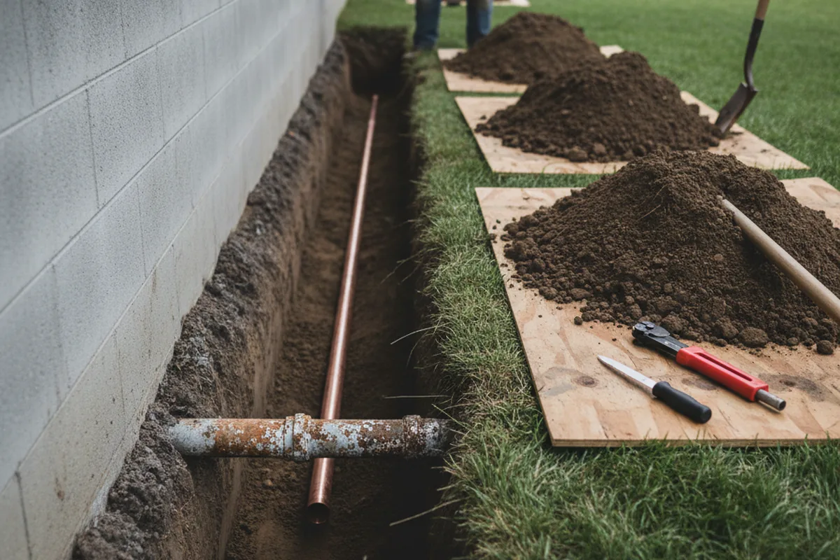 Excavated water line trench during Water Softener Installation in Kirkland